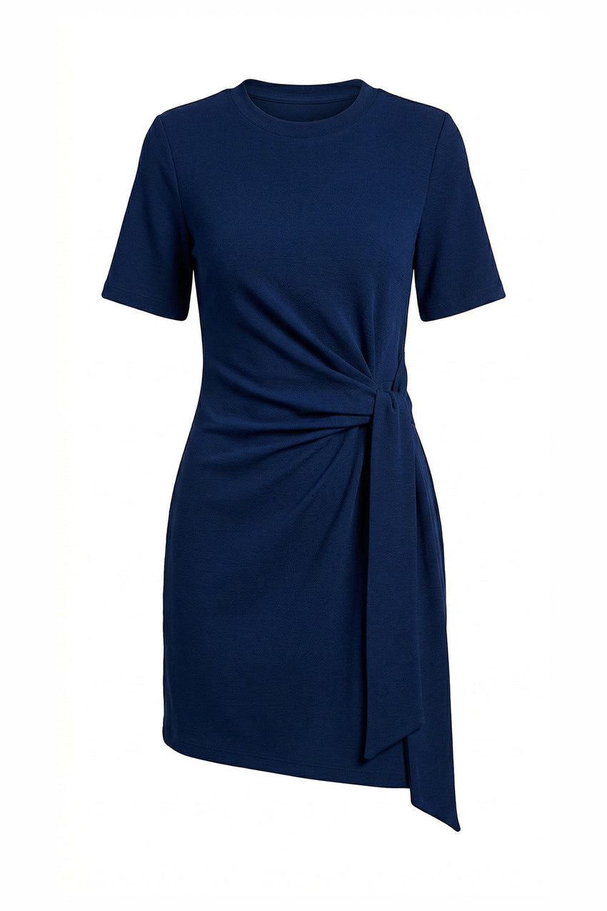 Round Neck Tie Waist Mini Knit Dress - NAVY BLUE