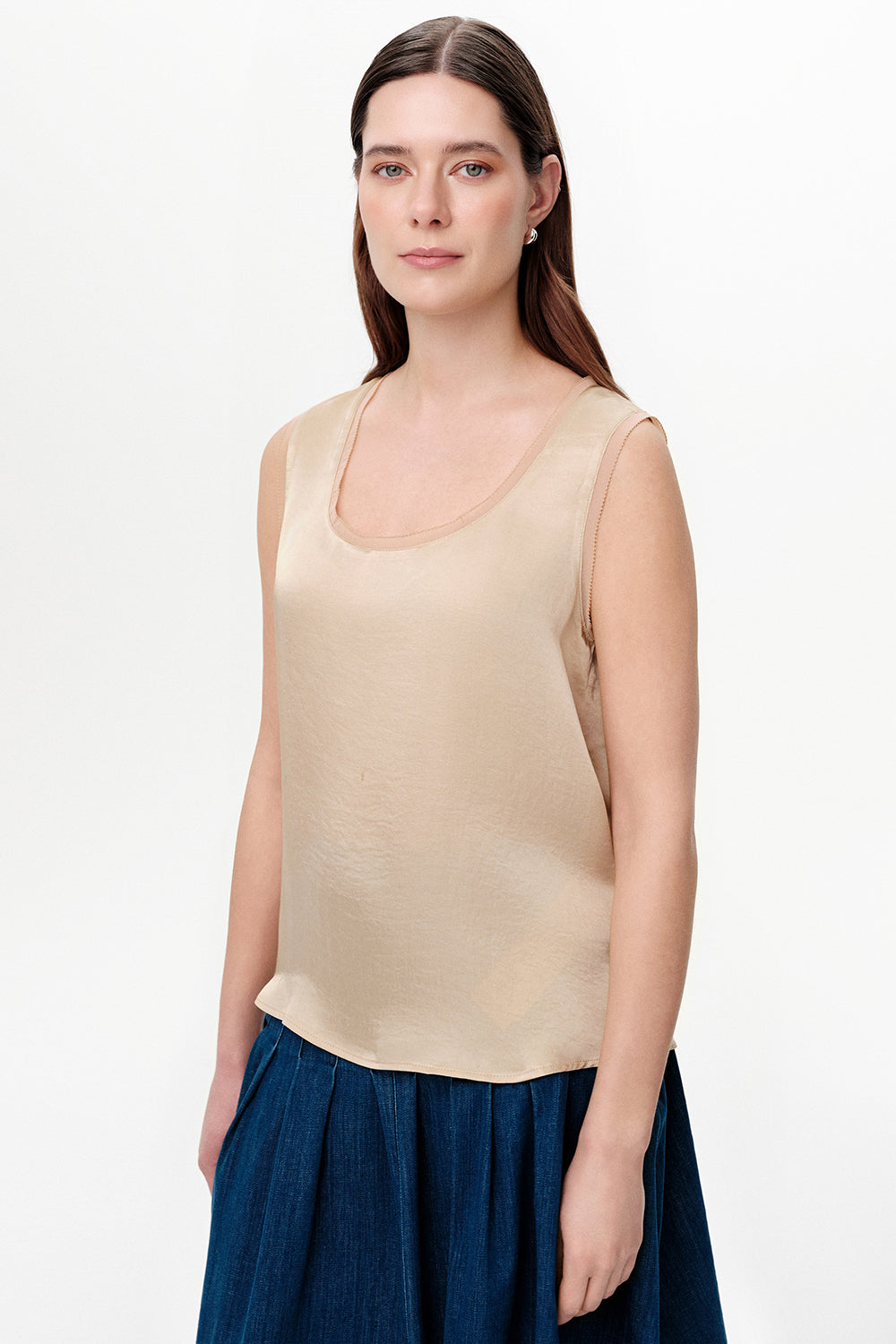 Round Neck Satin Openwork Blouse - BEIGE