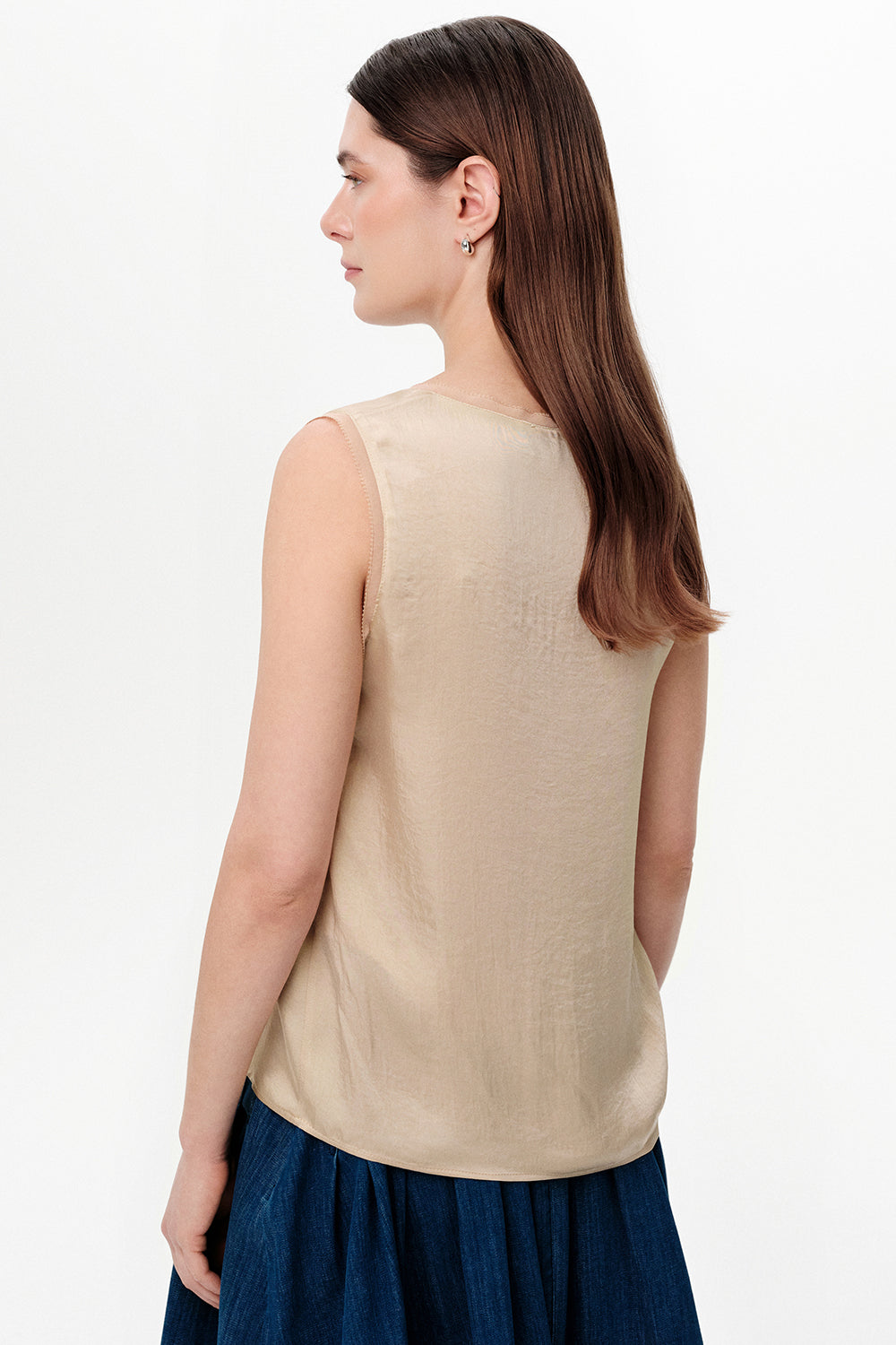Round Neck Satin Openwork Blouse - BEIGE