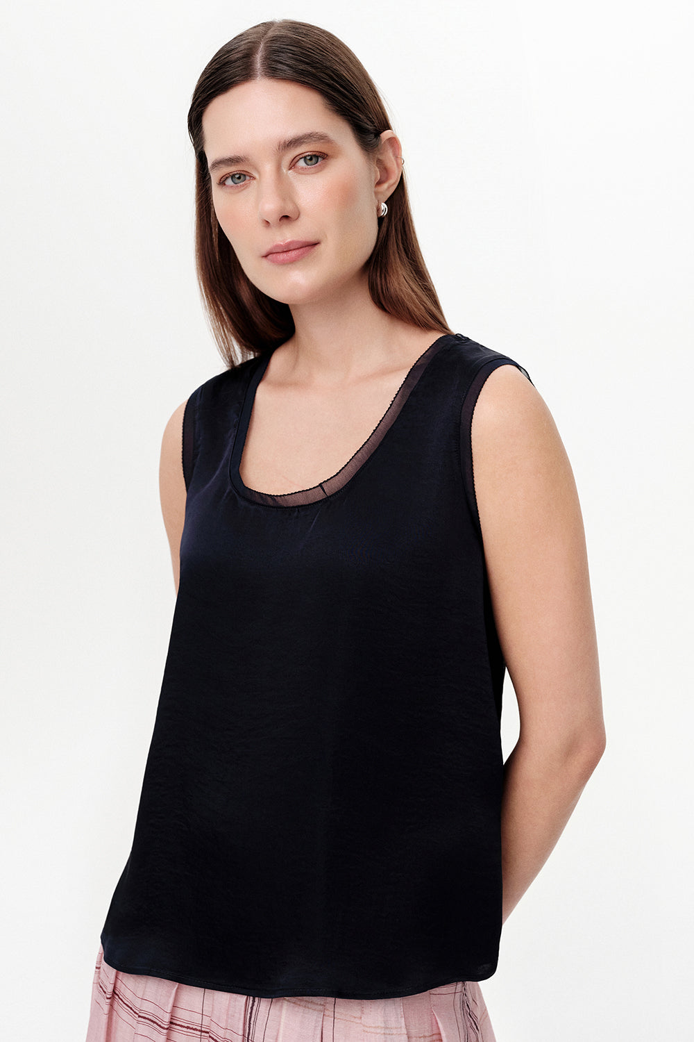 Round Neck Satin Openwork Blouse - BEIGE