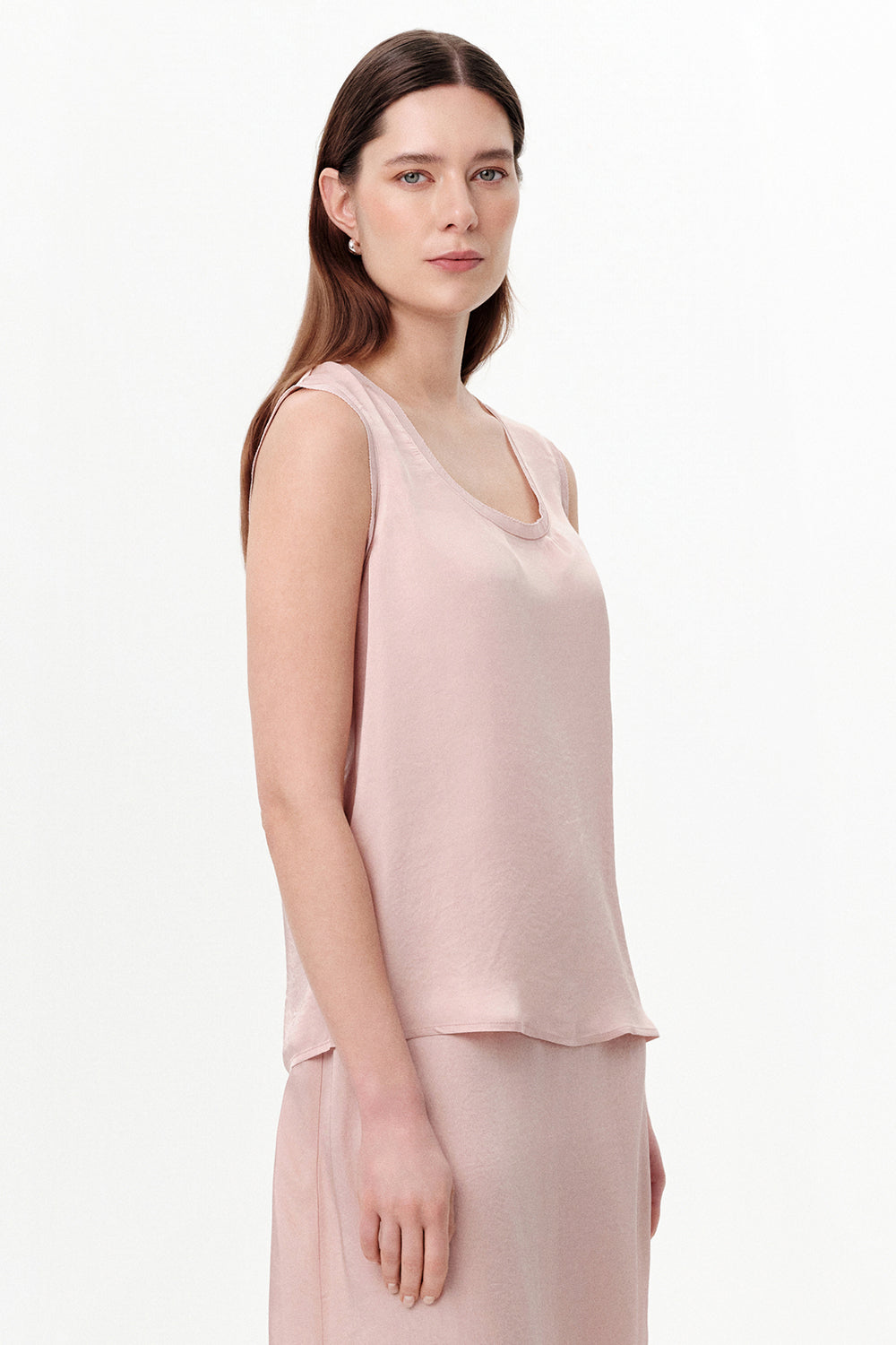 Round Neck Satin Openwork Blouse - BEIGE