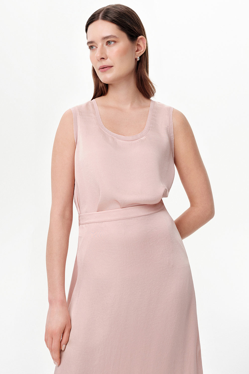 Round Neck Satin Openwork Blouse - BEIGE