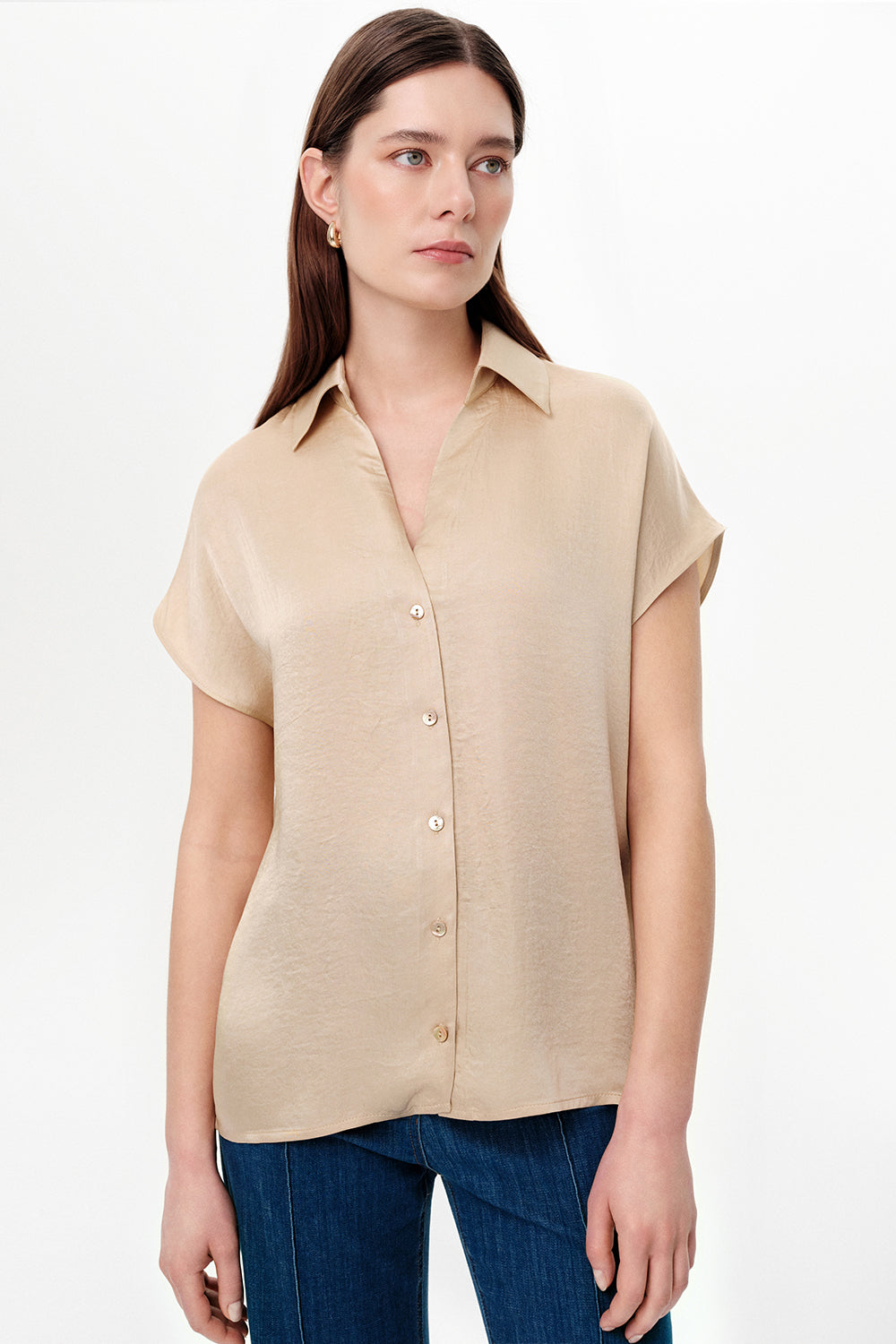 Collared Dropped Sleeve Satin Blouse - BEIGE