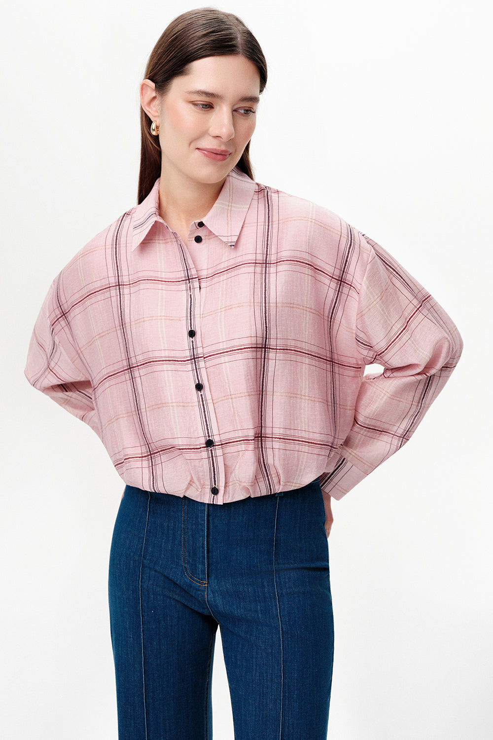Long Sleeve Collared Balloon Hem Shirt - MULTICOLOR