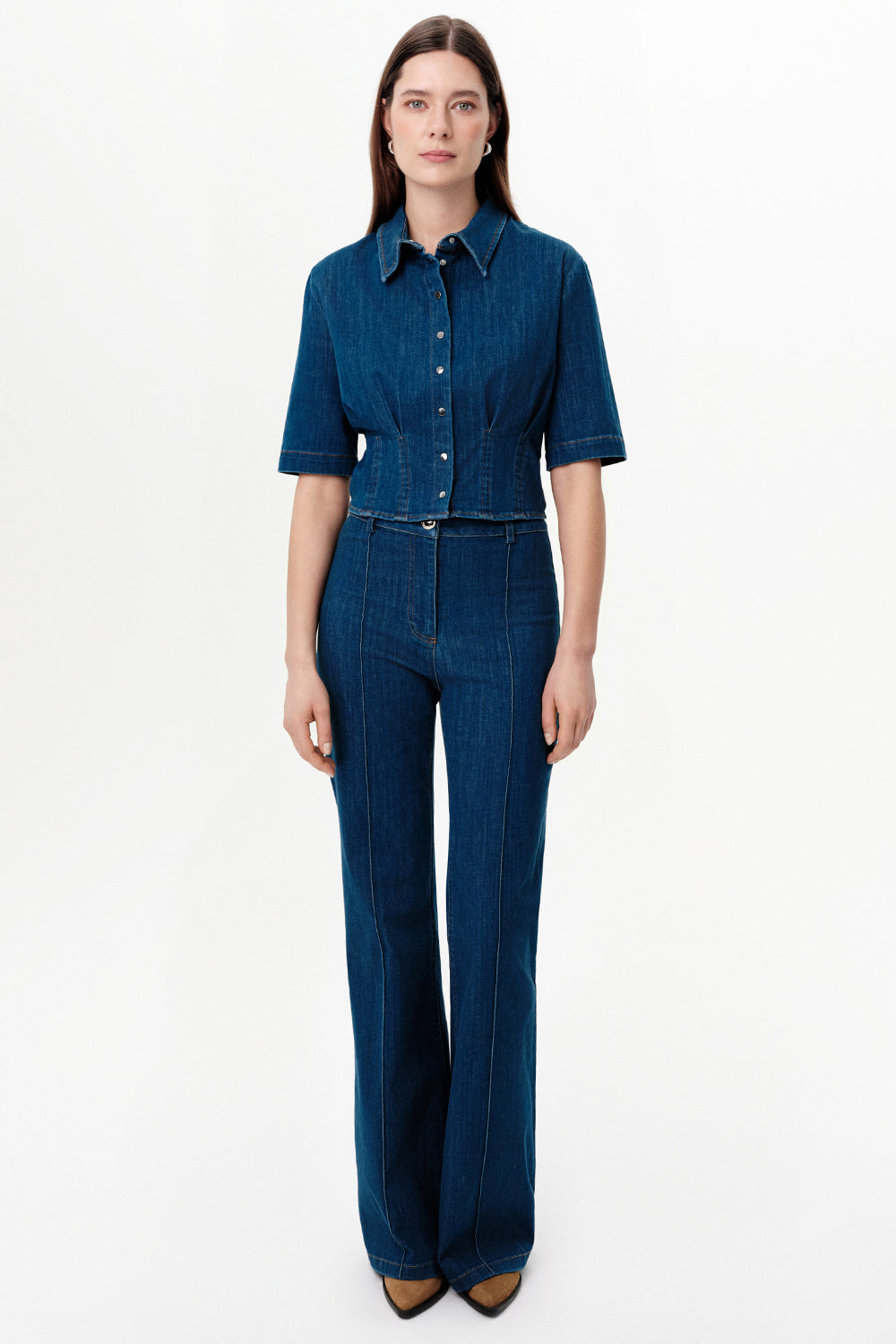 Snap Button Collared Shirt with Pleated Waist - INDIGO