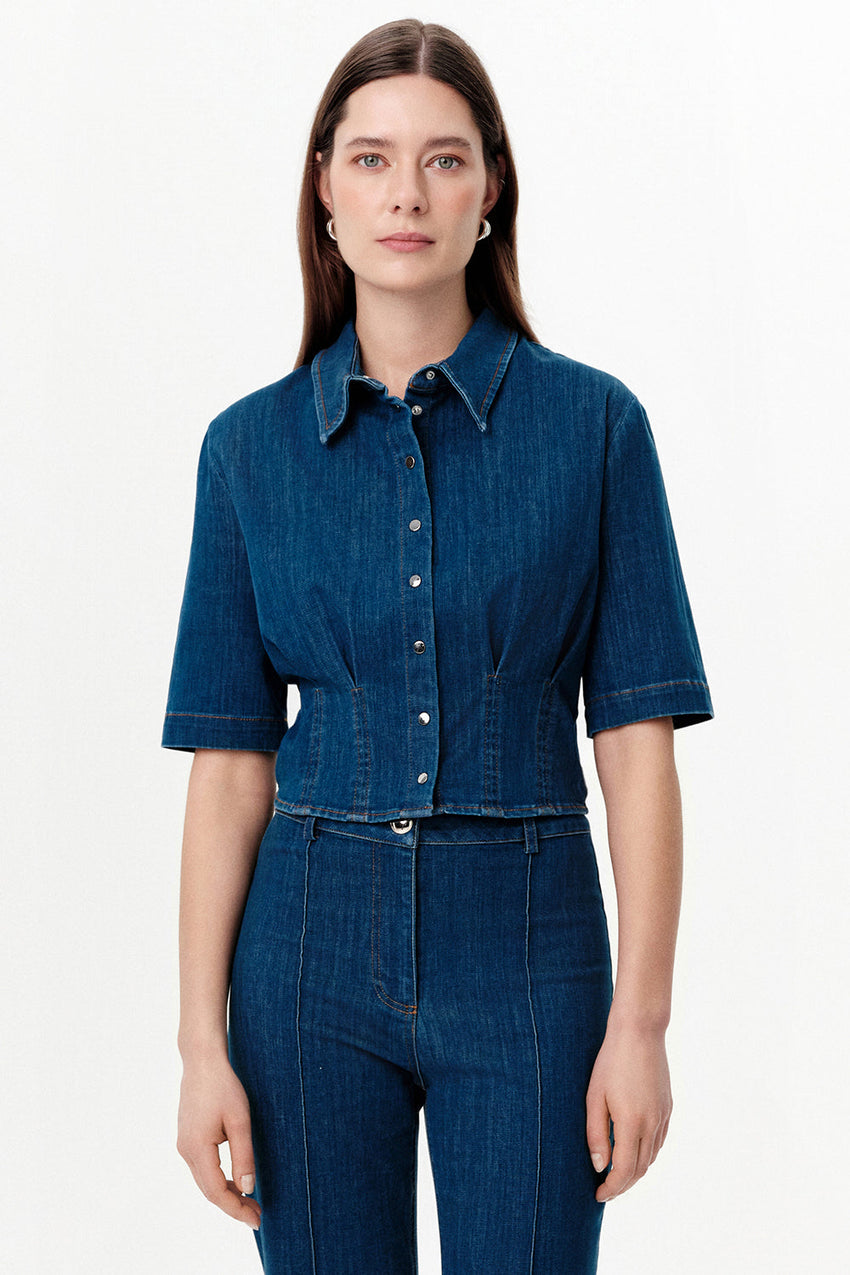 Snap Button Collared Shirt with Pleated Waist - INDIGO