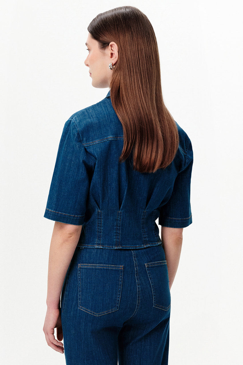 Snap Button Collared Shirt with Pleated Waist - INDIGO