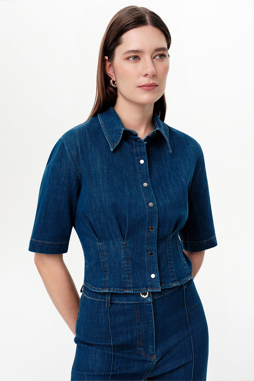Snap Button Collared Shirt with Pleated Waist - INDIGO