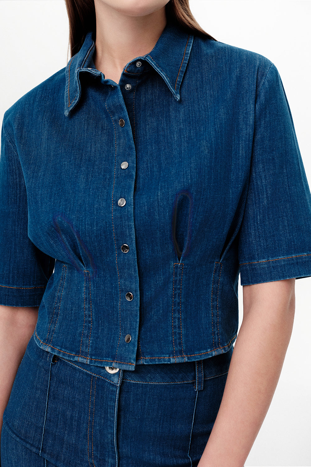 Snap Button Collared Shirt with Pleated Waist - INDIGO