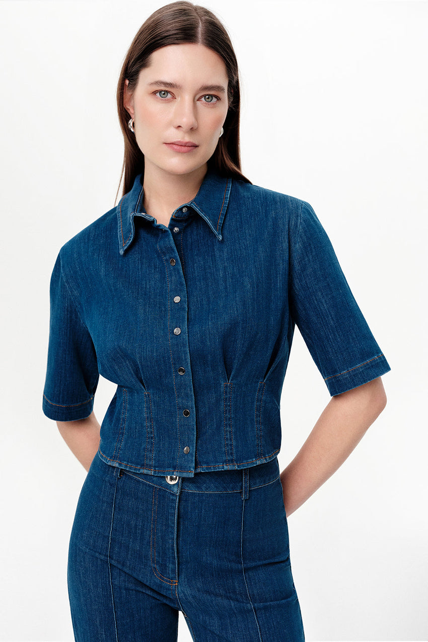 Snap Button Collared Shirt with Pleated Waist - INDIGO