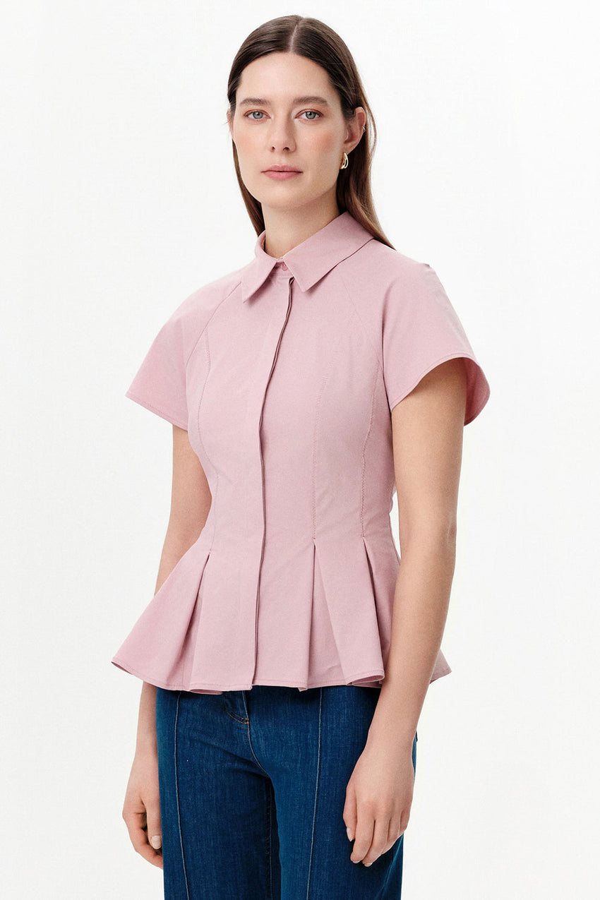 Dropped Sleeve Pleated Zigzag Stitch Shirt - PINK
