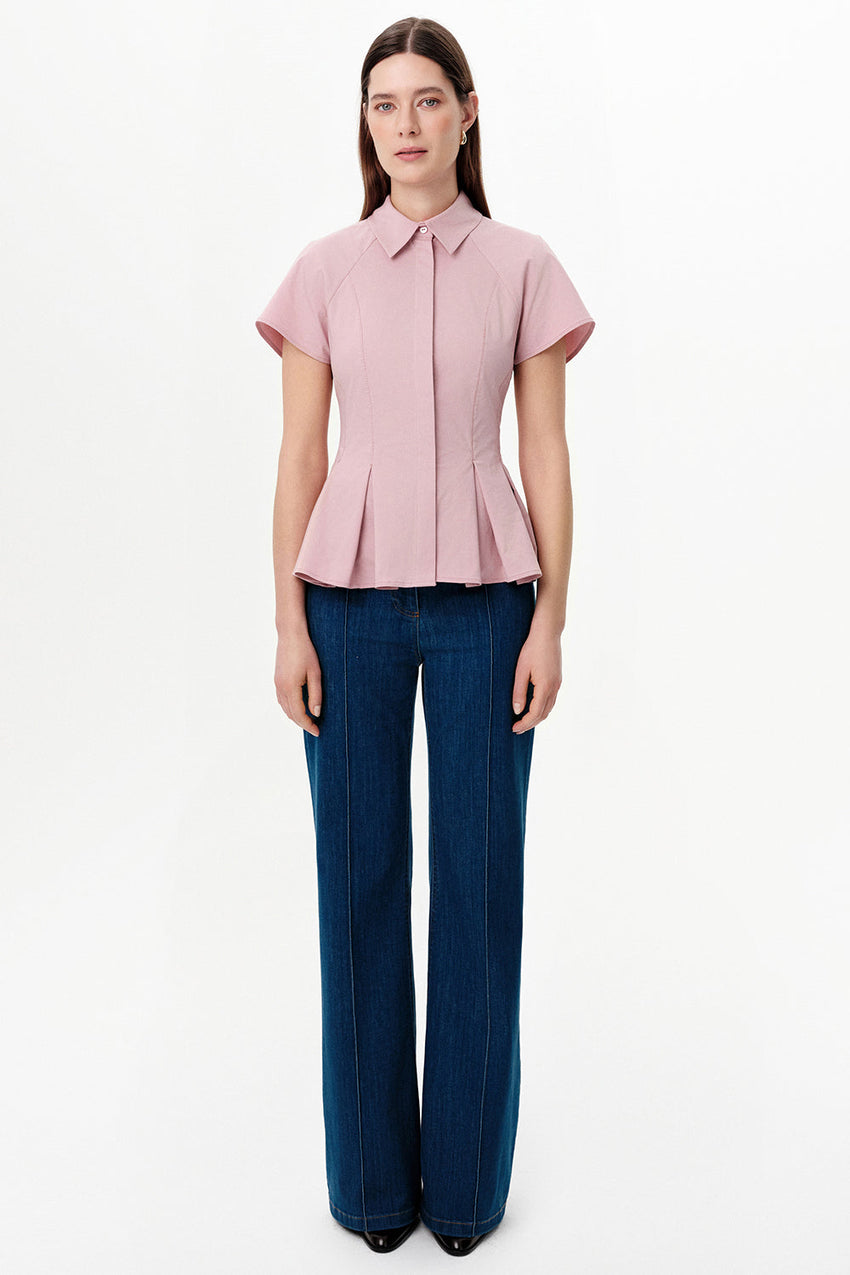 Dropped Sleeve Pleated Zigzag Stitch Shirt - PINK