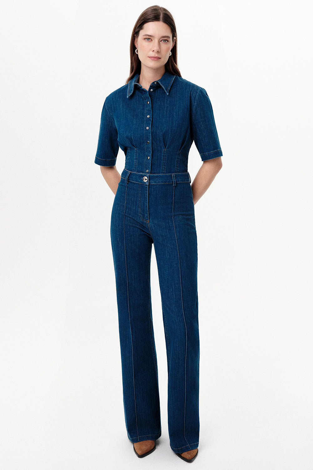 High-Waisted Flared Denim Trousers - INDIGO