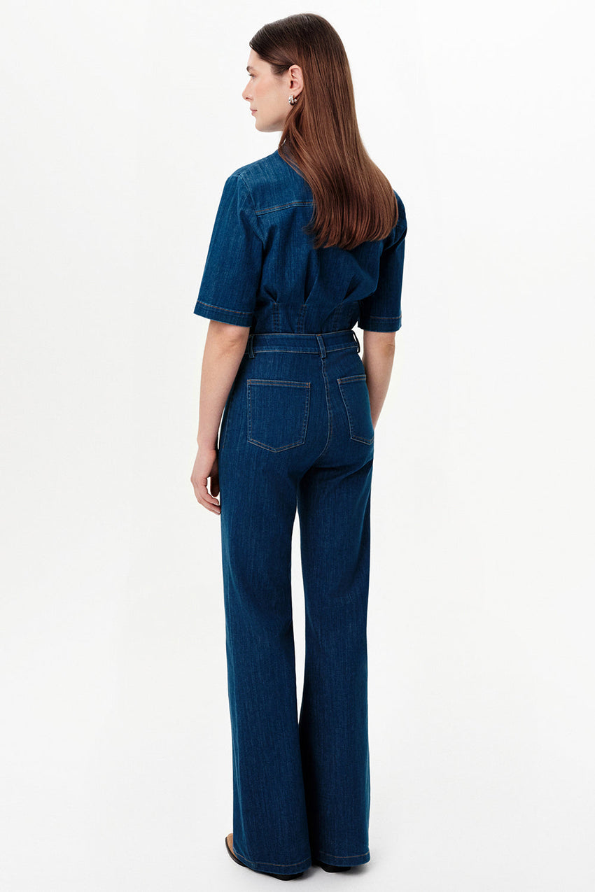 High-Waisted Flared Denim Trousers - INDIGO