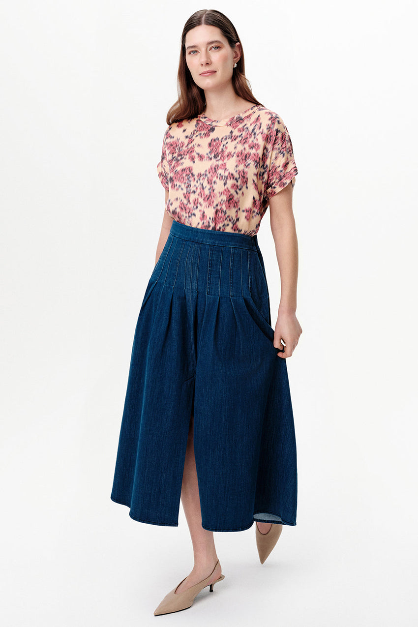 Fitted Midi Skirt with Side Slit - INDIGO