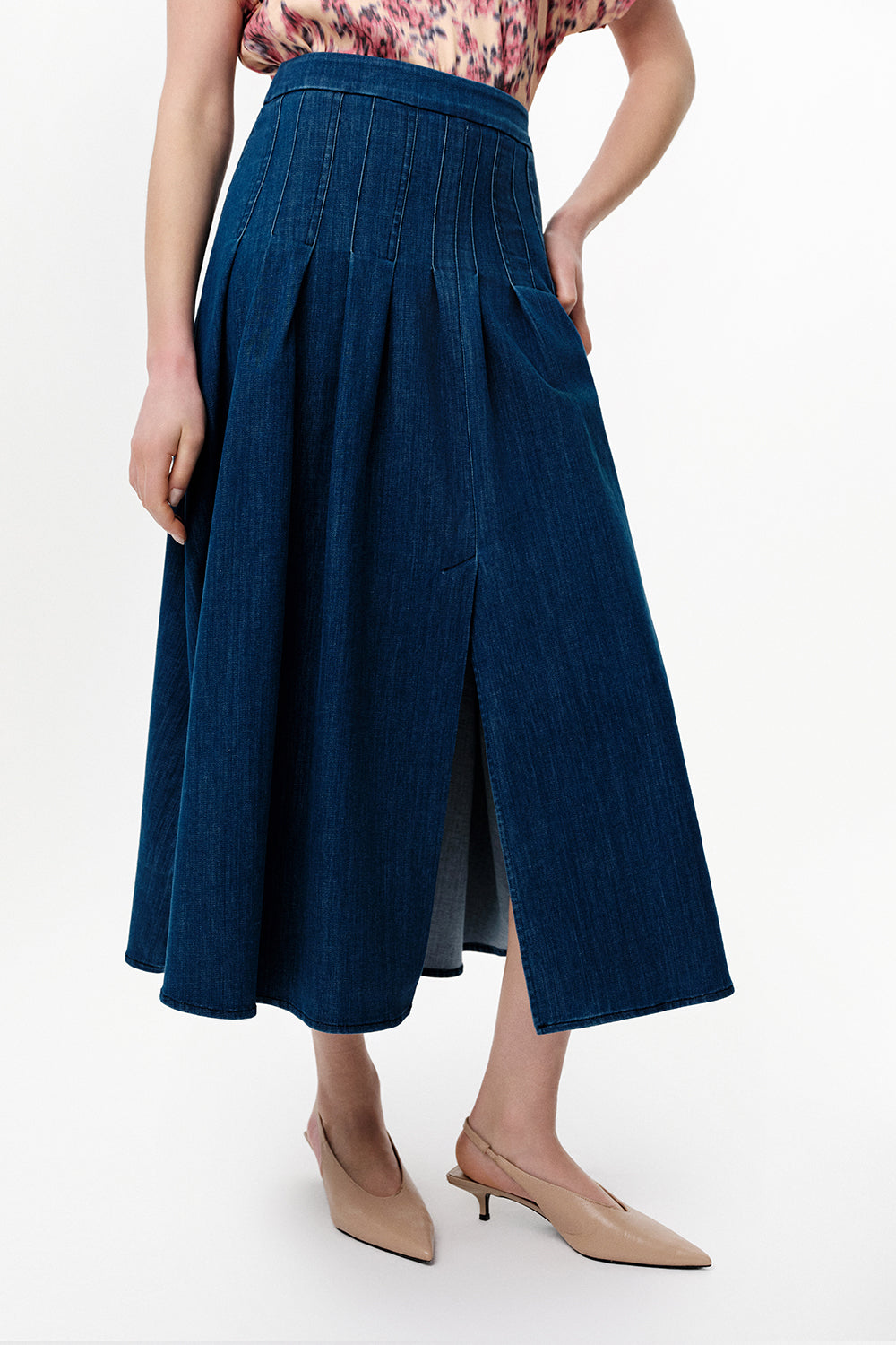 Fitted Midi Skirt with Side Slit - INDIGO