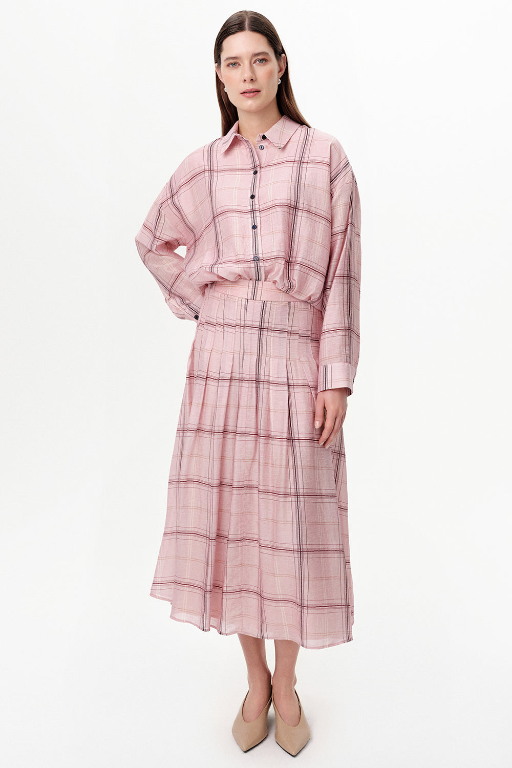 Pleated Lined Tencel Blend Midi Skirt - MULTICOLOR