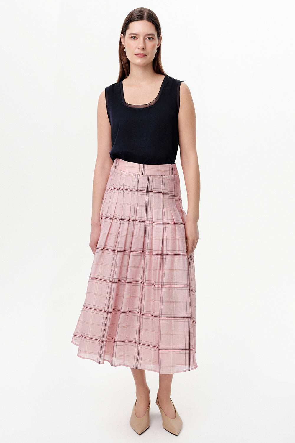 Pleated Lined Tencel Blend Midi Skirt - MULTICOLOR