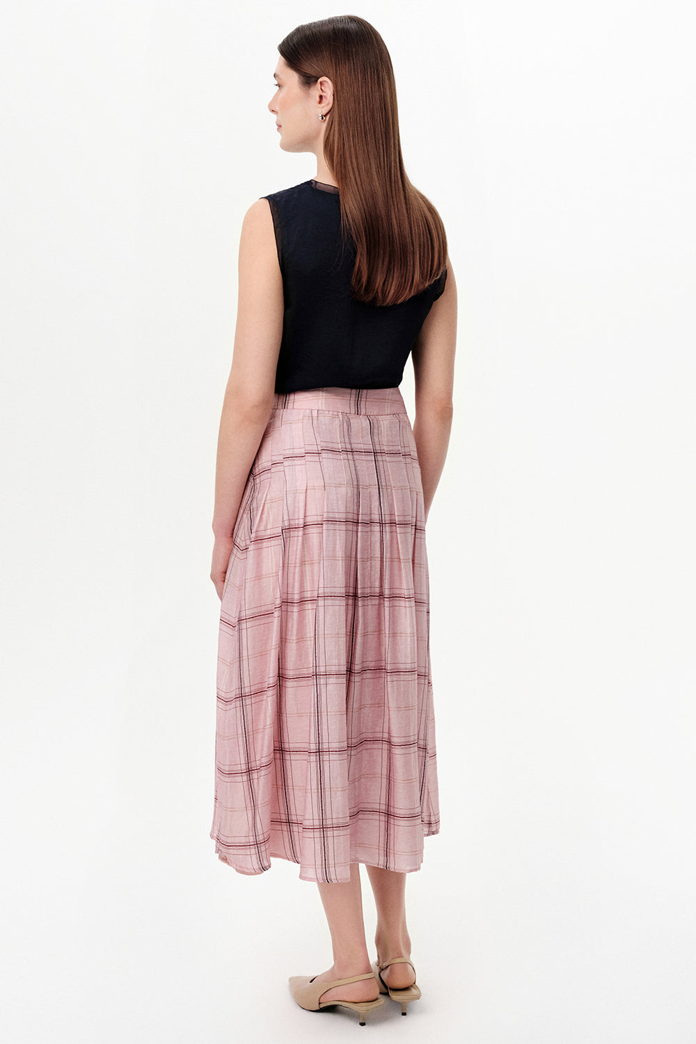 Pleated Lined Tencel Blend Midi Skirt - MULTICOLOR