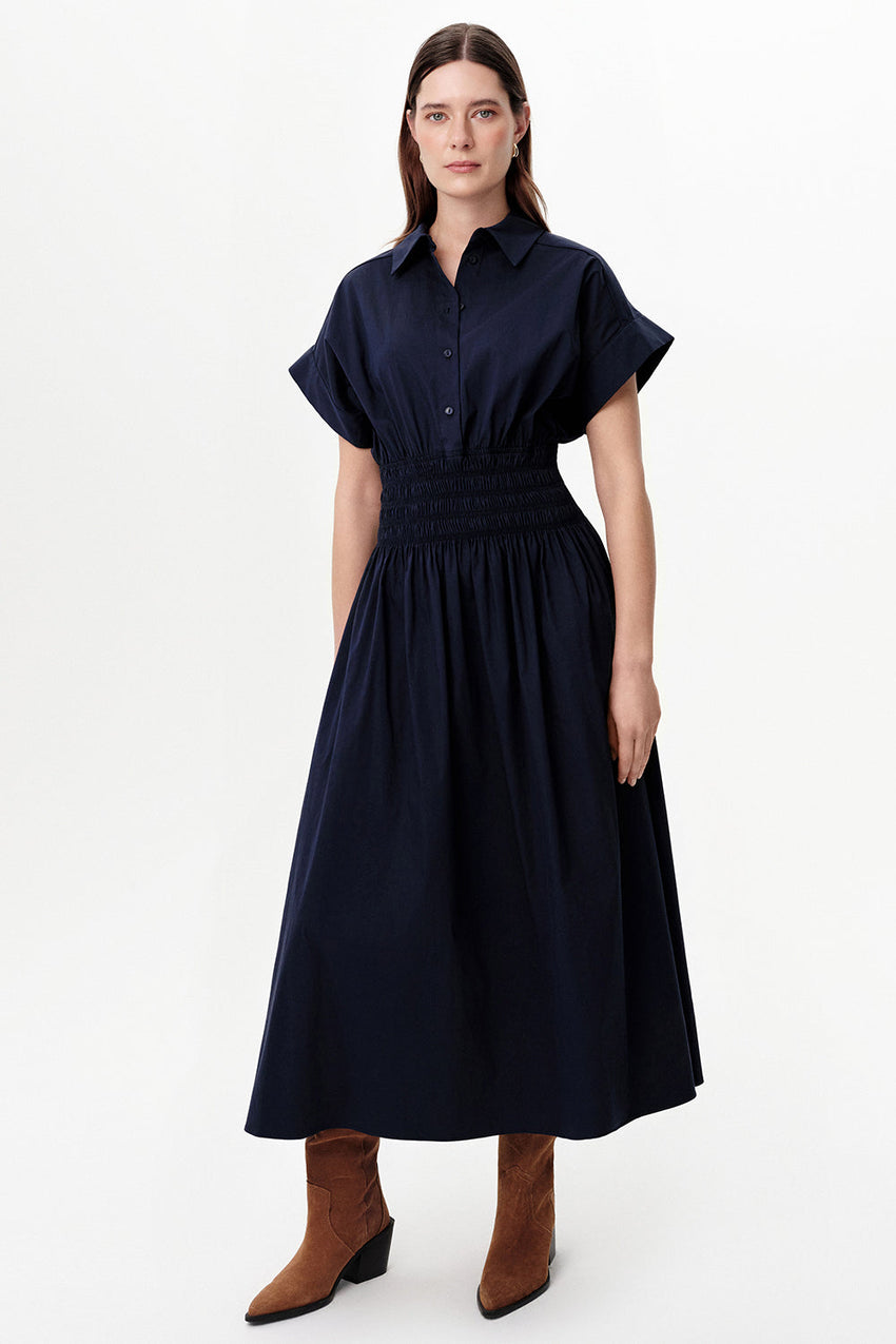 Dropped Sleeve Button-Front Midi Dress with Elastic Waist - NAVY BLUE