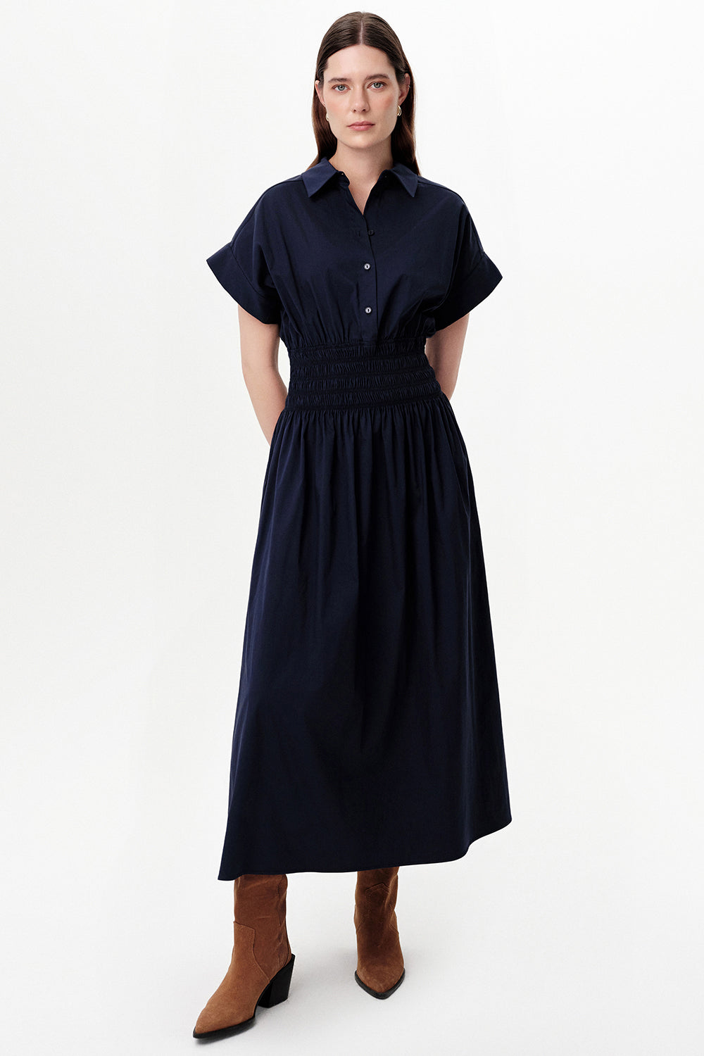 Dropped Sleeve Button-Front Midi Dress with Elastic Waist - NAVY BLUE