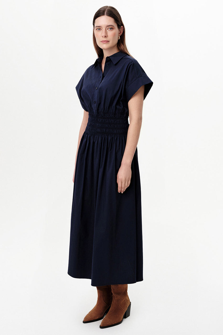 Dropped Sleeve Button-Front Midi Dress with Elastic Waist - NAVY BLUE