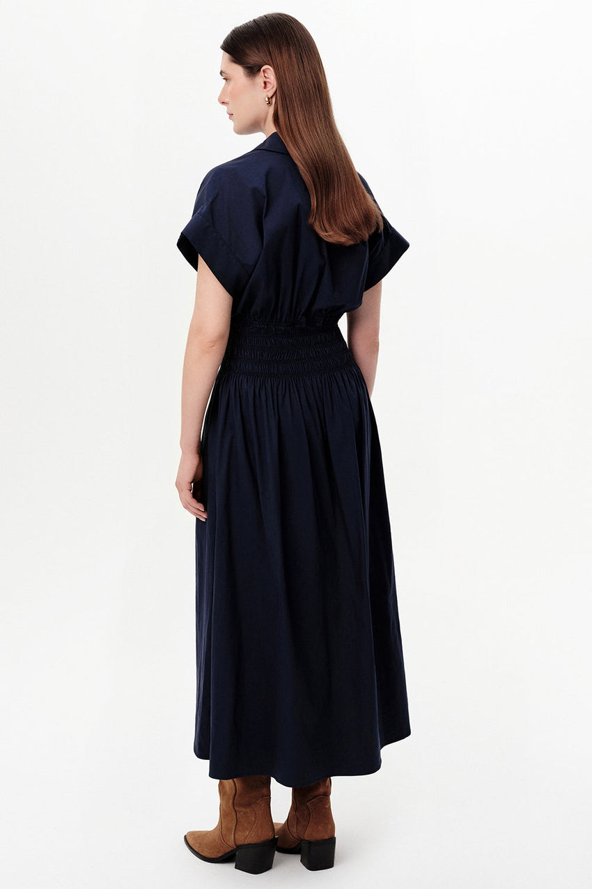 Dropped Sleeve Button-Front Midi Dress with Elastic Waist - NAVY BLUE