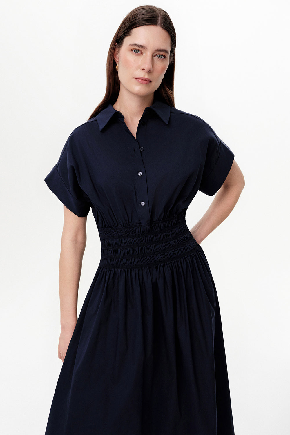 Dropped Sleeve Button-Front Midi Dress with Elastic Waist - NAVY BLUE