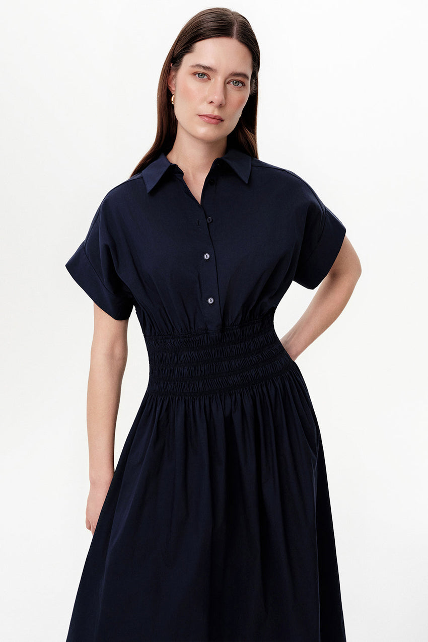 Dropped Sleeve Button-Front Midi Dress with Elastic Waist - NAVY BLUE