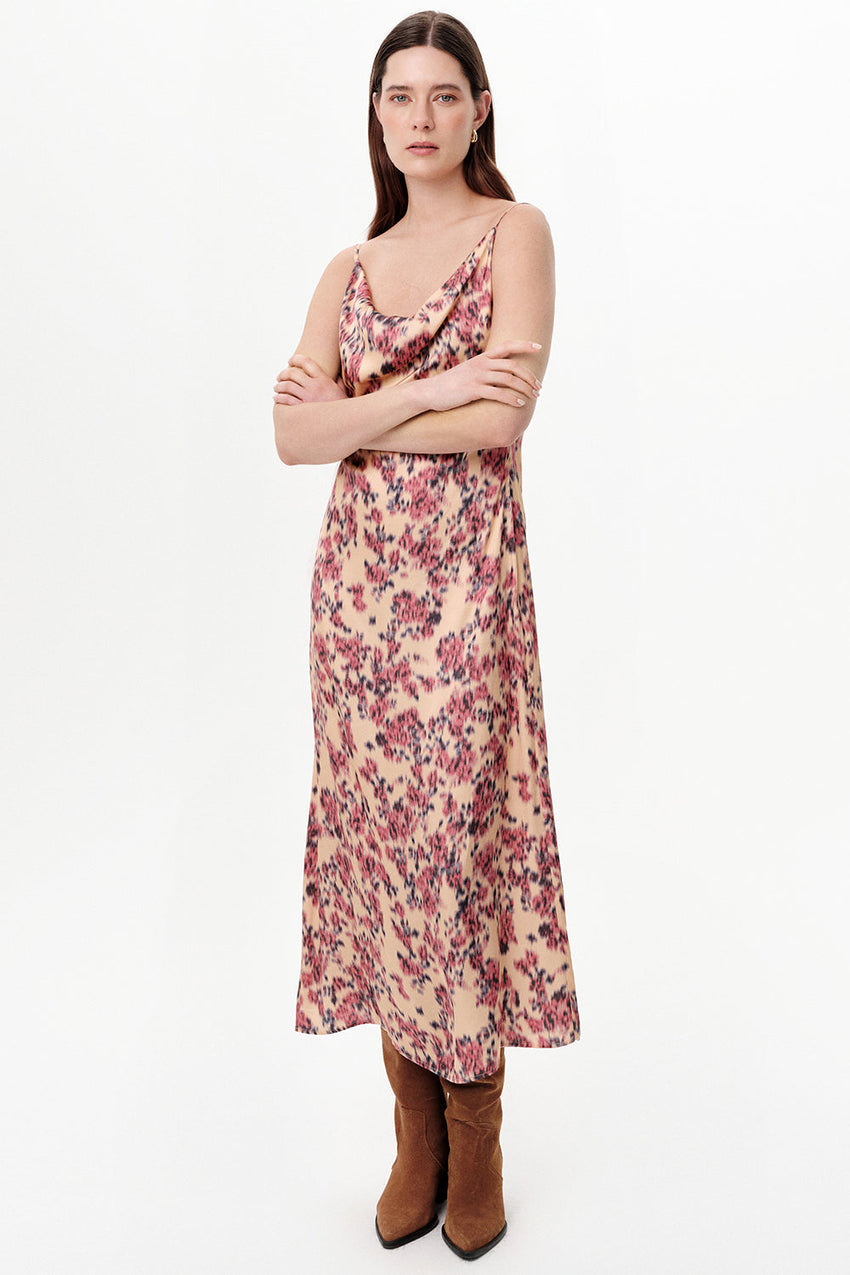 Strappy Cowl Neck Satin Midi Dress - MULTICOLOR