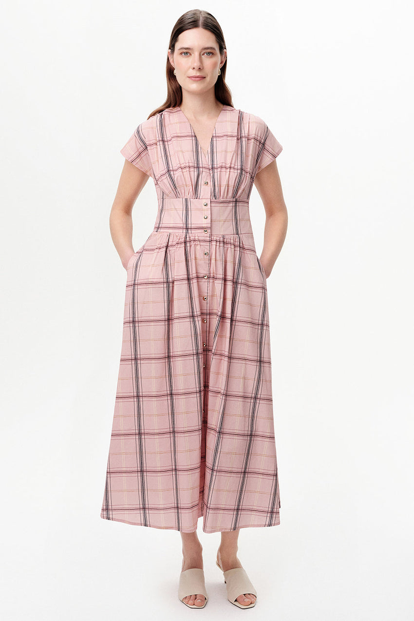 Sleeveless V Neck Shirred Waist Midi Dress - MULTICOLOR