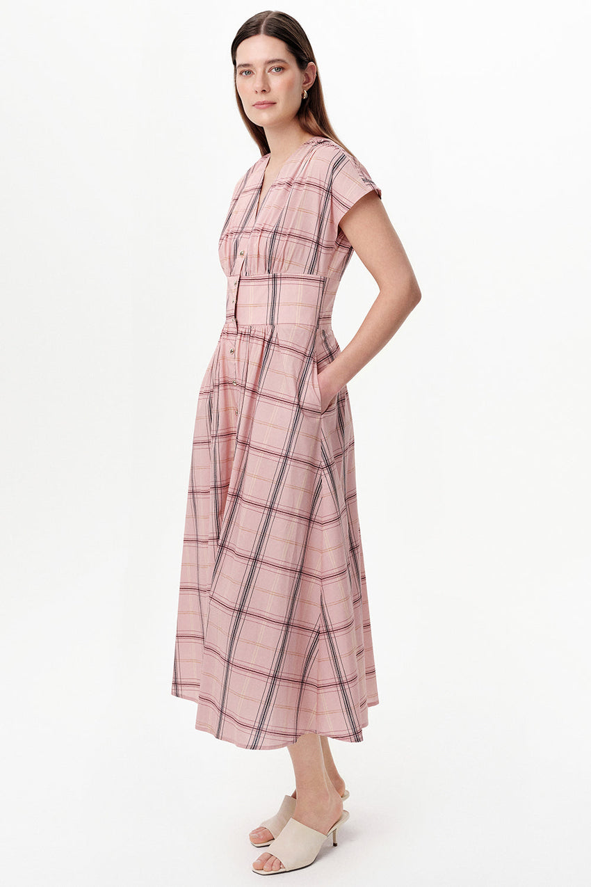 Sleeveless V Neck Shirred Waist Midi Dress - MULTICOLOR