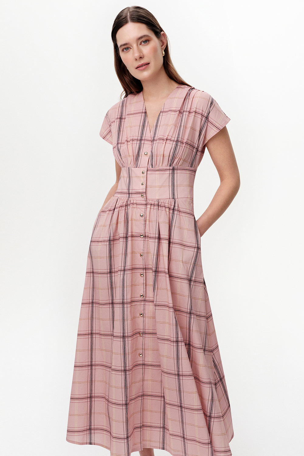 Sleeveless V Neck Shirred Waist Midi Dress - MULTICOLOR