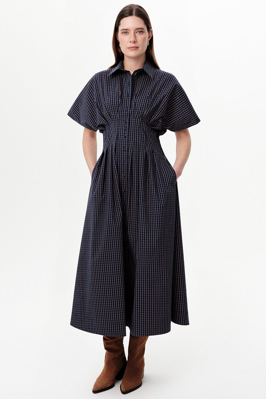 Dropped Sleeve Embellished Pleated Waist Midi Dress - PINK