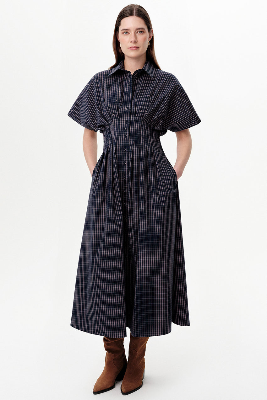 Dropped Sleeve Embellished Pleated Waist Midi Dress - NAVY