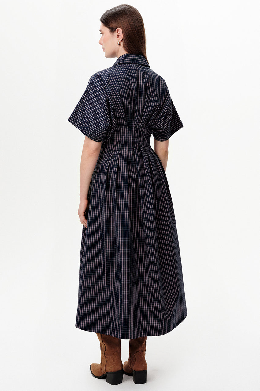 Dropped Sleeve Embellished Pleated Waist Midi Dress - NAVY