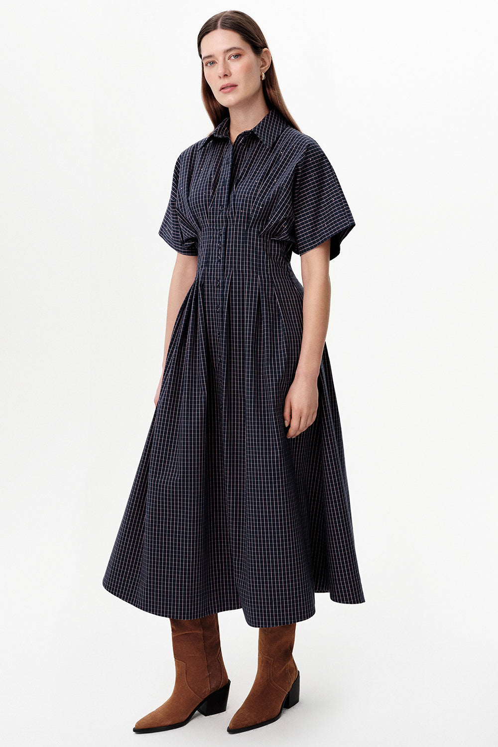 Dropped Sleeve Embellished Pleated Waist Midi Dress - PINK