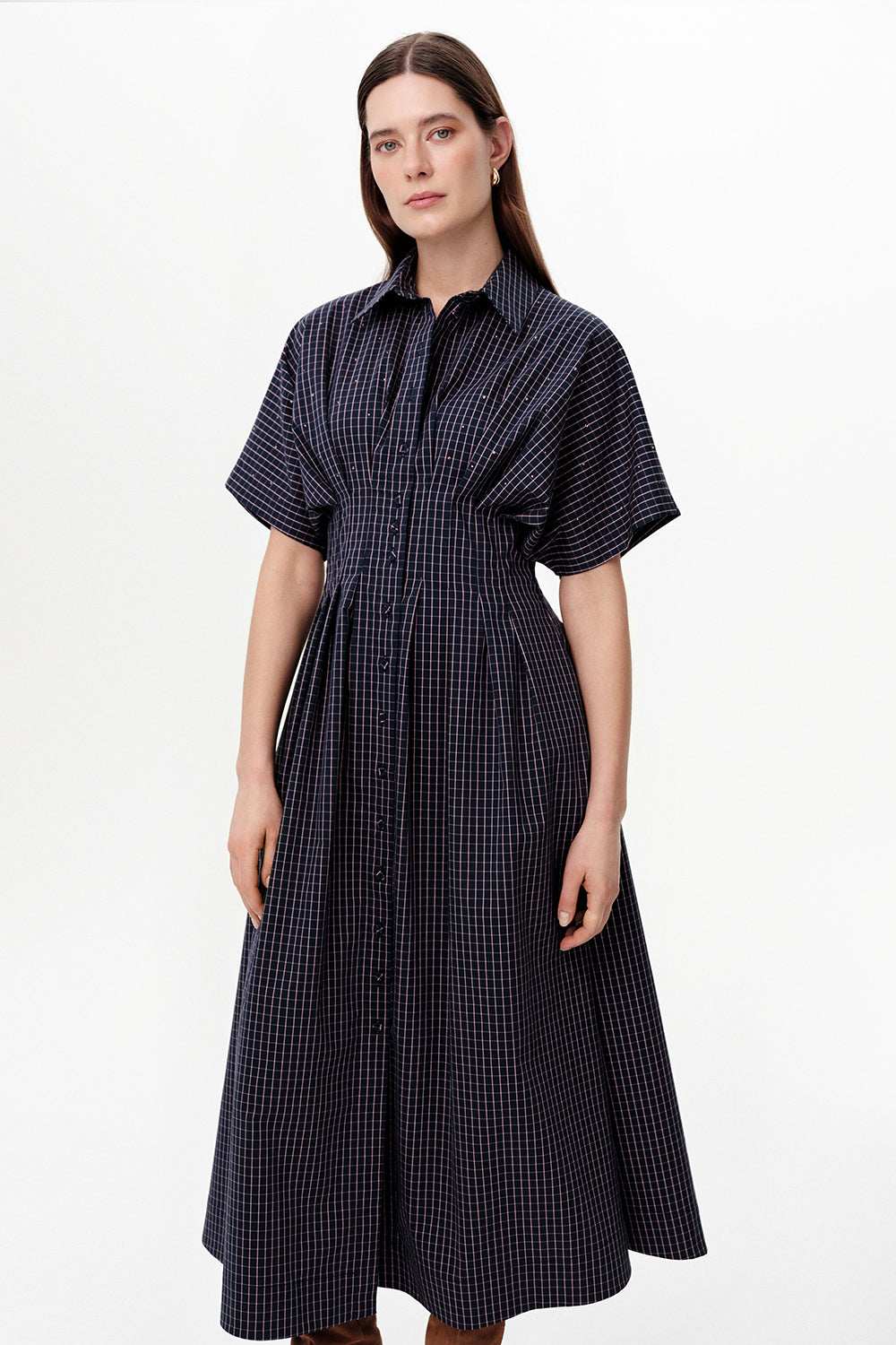 Dropped Sleeve Embellished Pleated Waist Midi Dress - PINK