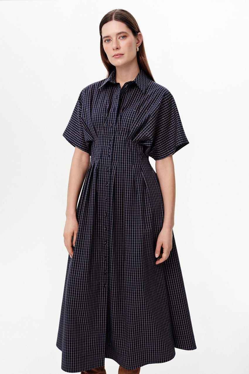Dropped Sleeve Embellished Pleated Waist Midi Dress - PINK
