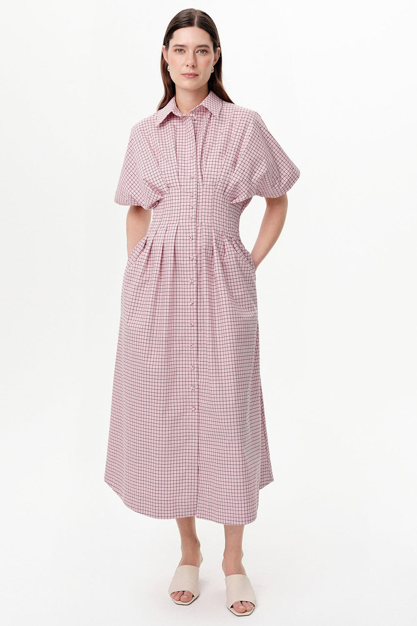 Dropped Sleeve Embellished Pleated Waist Midi Dress - PINK
