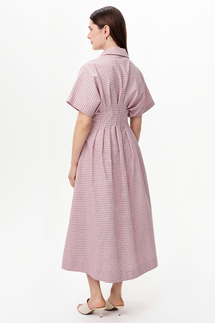 Dropped Sleeve Embellished Pleated Waist Midi Dress - PINK