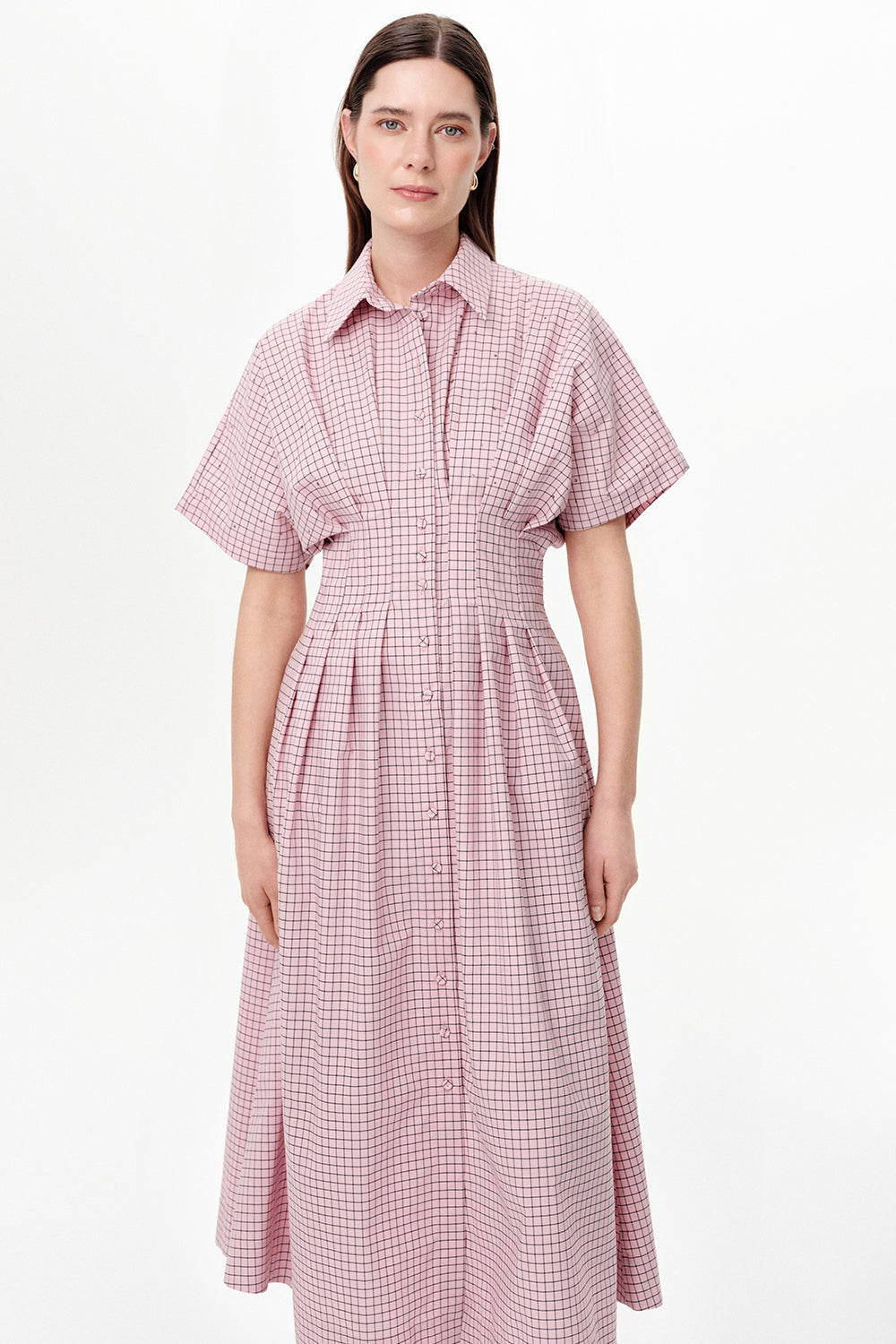 Dropped Sleeve Embellished Pleated Waist Midi Dress - PINK