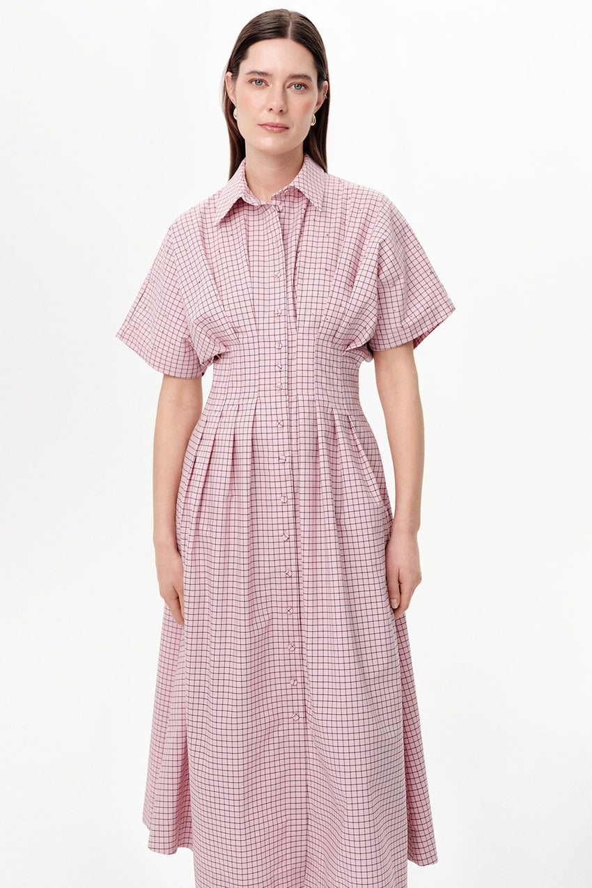Dropped Sleeve Embellished Pleated Waist Midi Dress - PINK