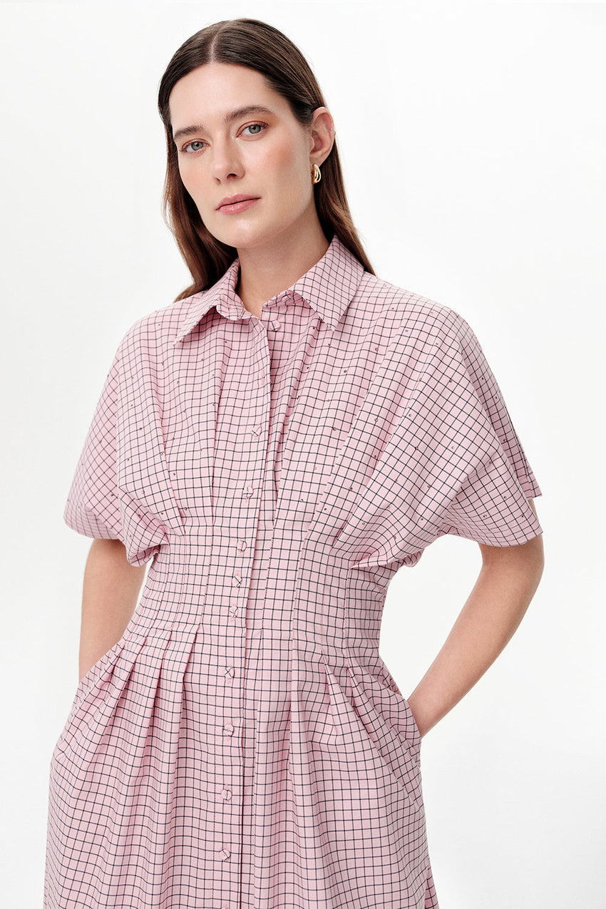 Dropped Sleeve Embellished Pleated Waist Midi Dress - PINK