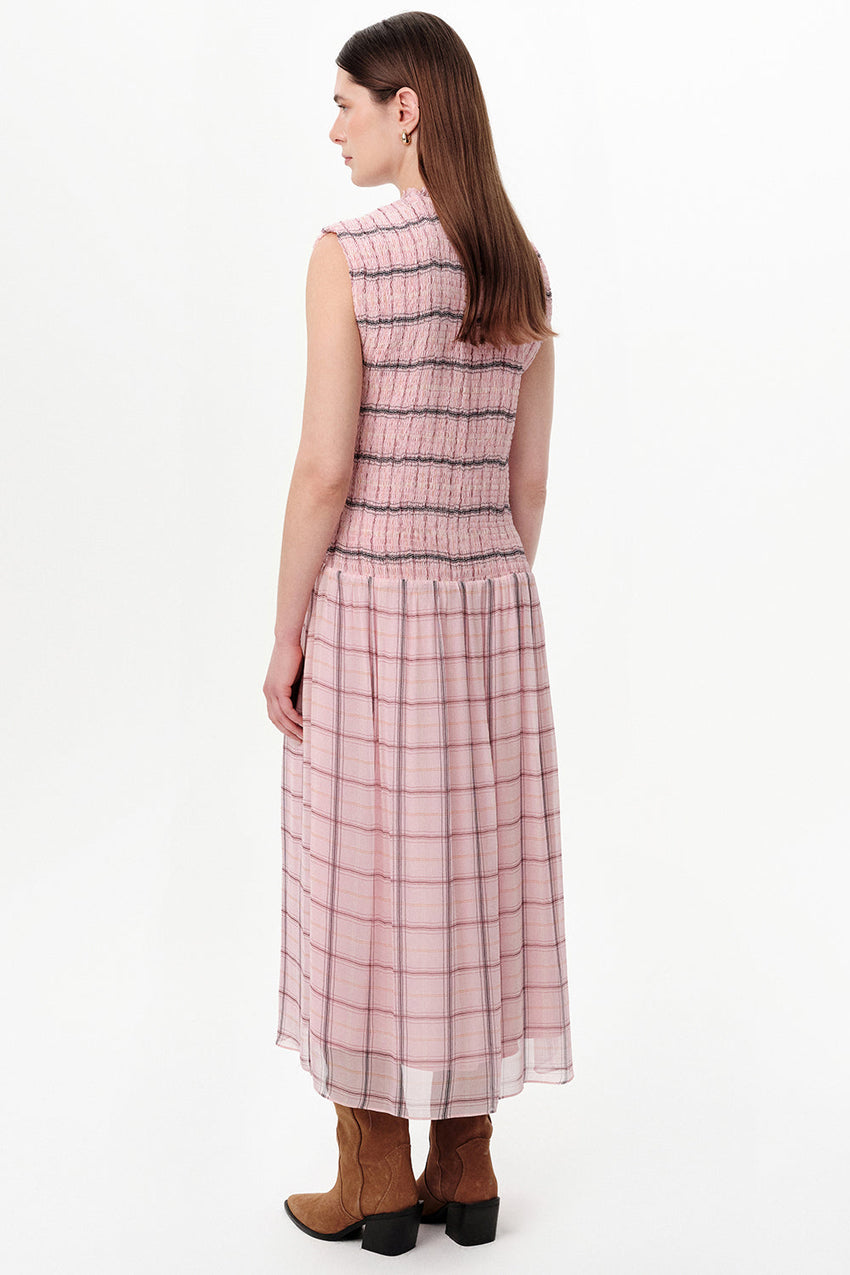 Shirred Ruffle Neck Lined Midi Dress - MULTICOLOR