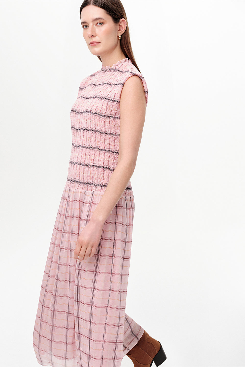 Shirred Ruffle Neck Lined Midi Dress - MULTICOLOR