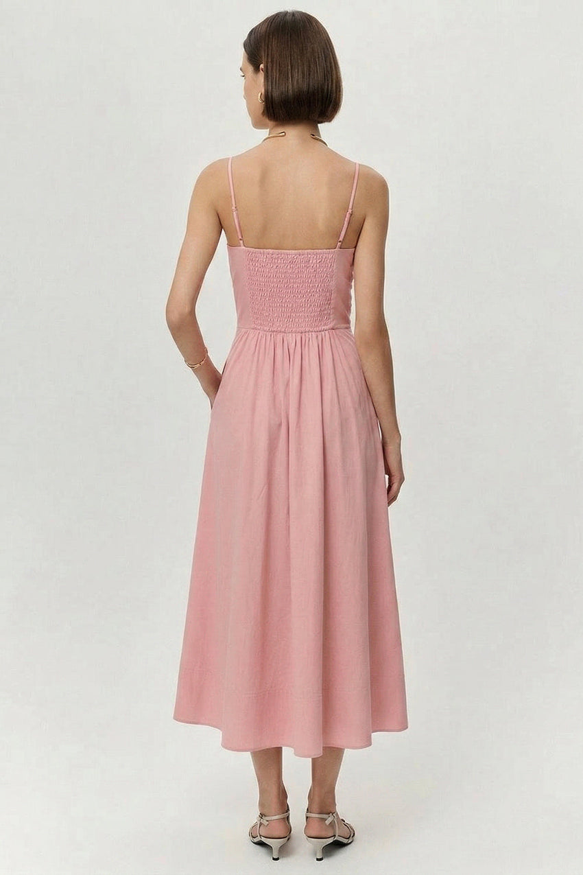 Spaghetti Strap Elastic Waist Pocket Midi Dress - PINK