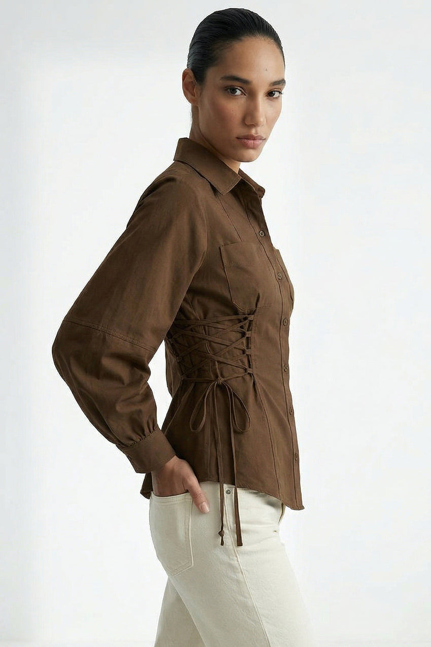 Arcene Balloon Sleeve Shirt - BROWN
