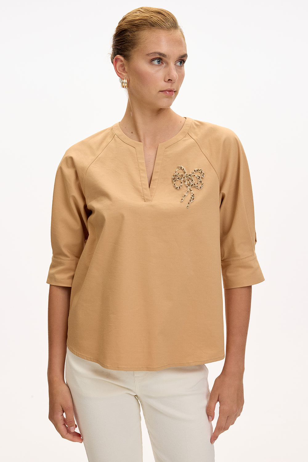 V Neck Short Sleeve Blouse - CAMEL