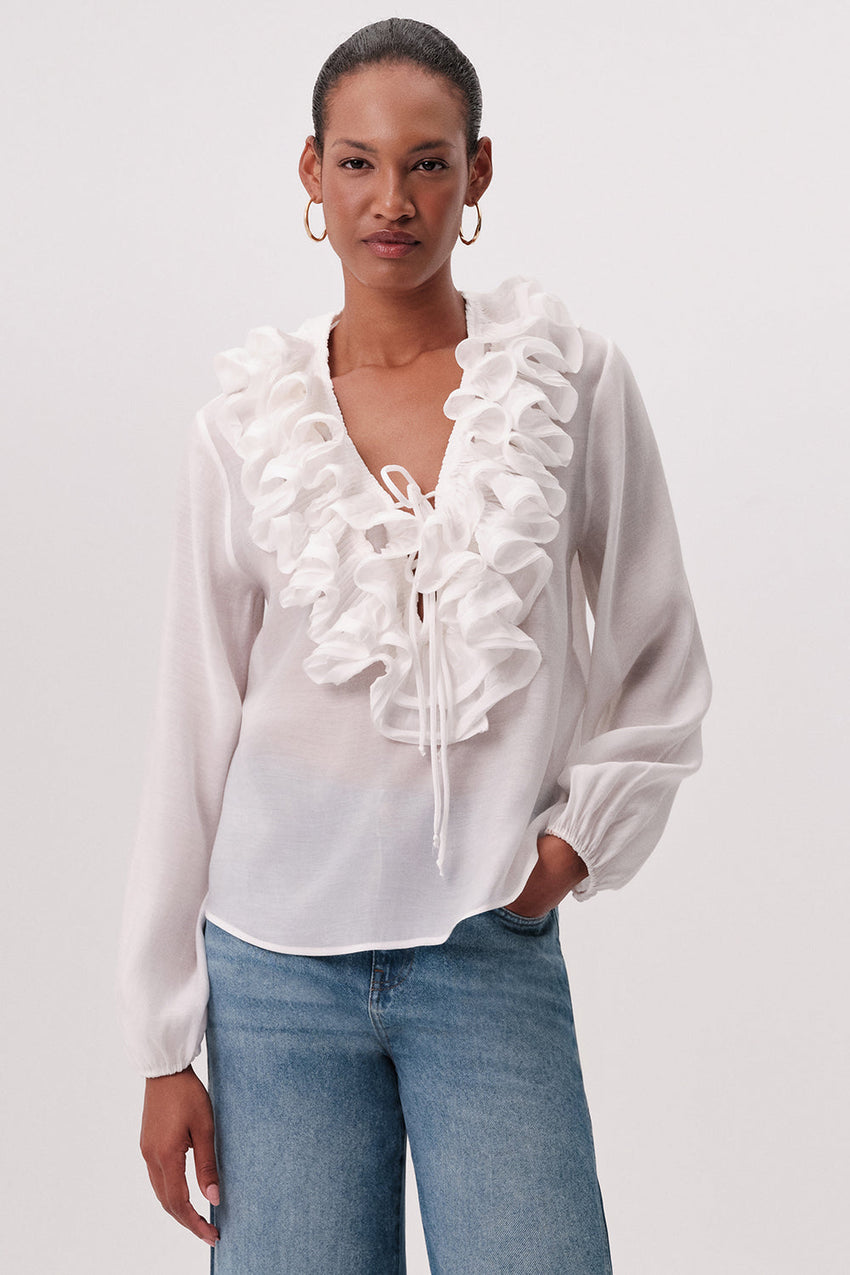Keely V Neck Ruffled Blouse - WHITE